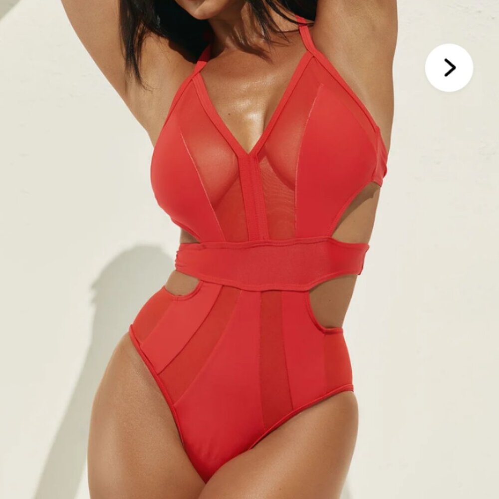Strappy Mesh One-Piece Swim, Red